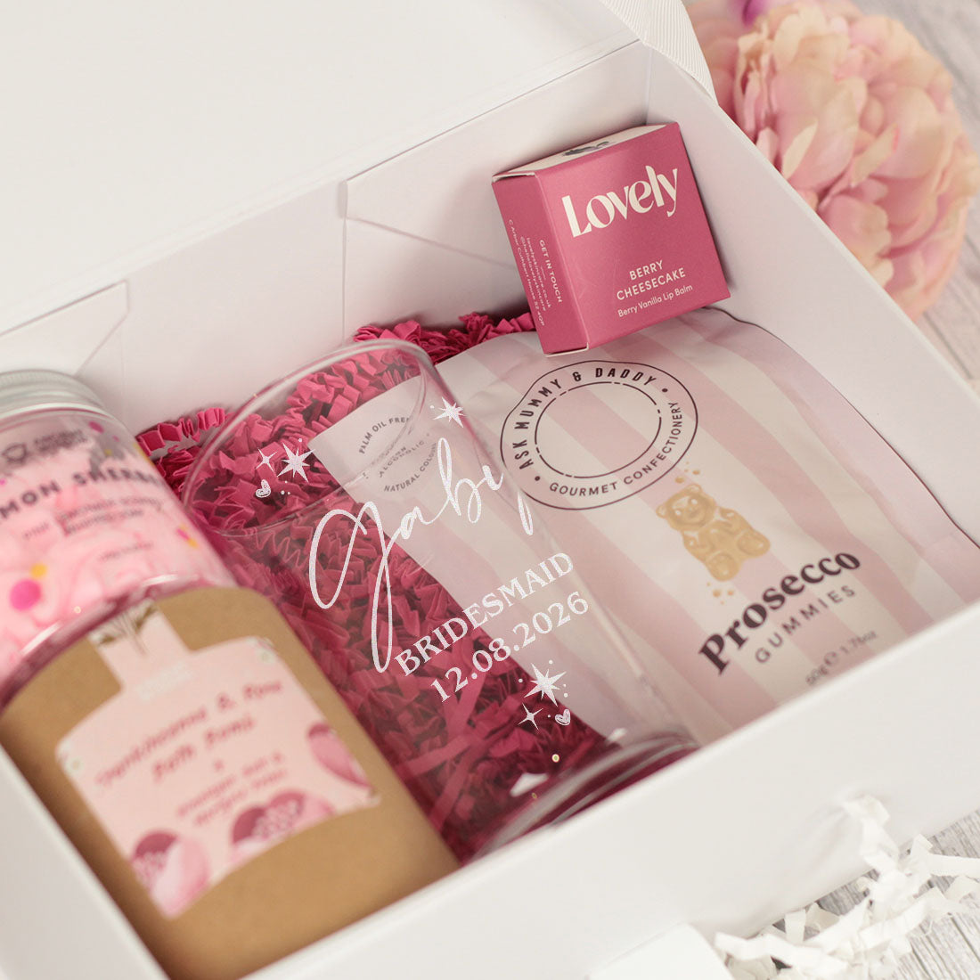 Personalised Highball Glass Bridal Party Pink Pamper Gift Box