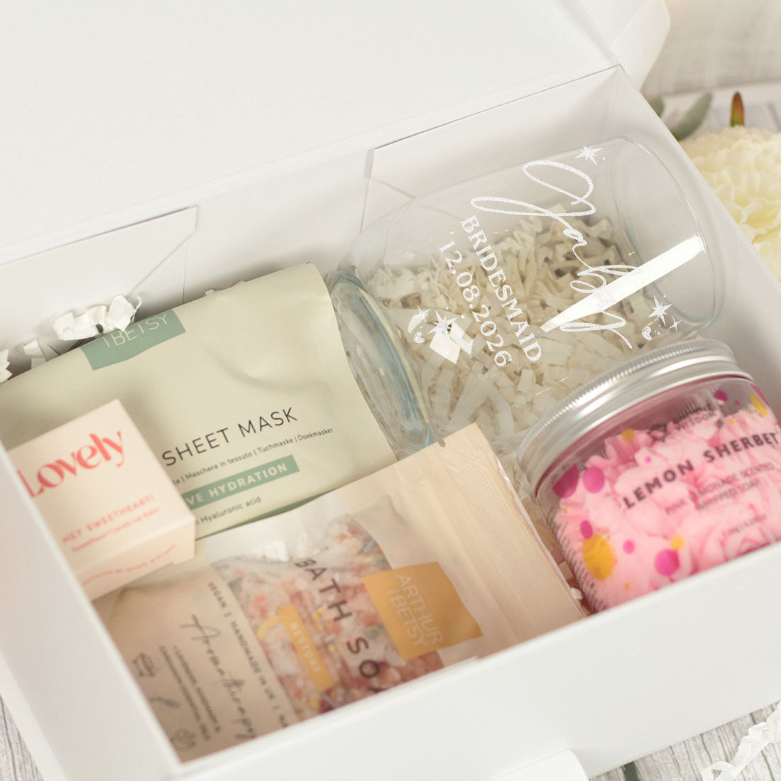 Personalised Stemless Glass Bridal Party Pamper Gift Box