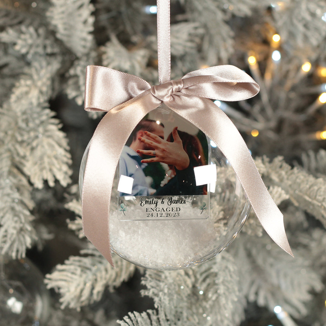 First Christmas Engaged Photo Snowy Acrylic Christmas Tree Bauble-Weddings by Lumi