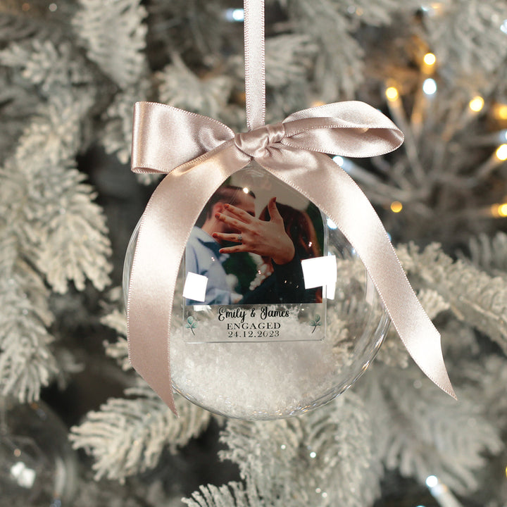First Christmas Engaged Photo Snowy Acrylic Christmas Tree Bauble-Weddings by Lumi