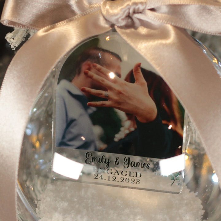 First Christmas Engaged Photo Snowy Acrylic Christmas Tree Bauble-Weddings by Lumi