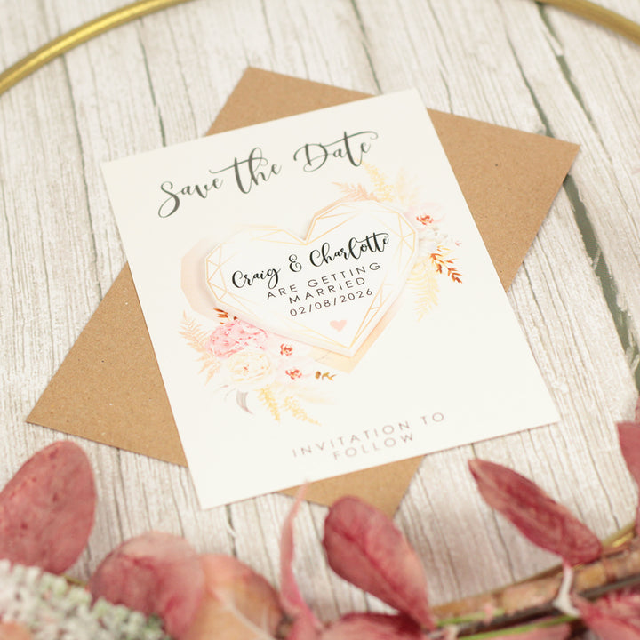 Geometric Heart Watercolour Flowers Wedding Save The Date Magnet-Weddings by Lumi