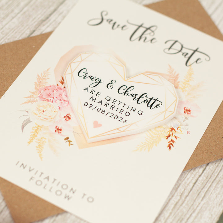 Geometric Heart Watercolour Flowers Wedding Save The Date Magnet-Weddings by Lumi