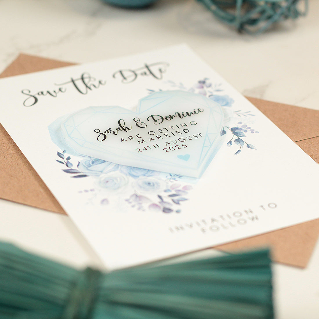 Geometric Heart Watercolour Blue Flowers Wedding Save The Date Magnet-Weddings by Lumi