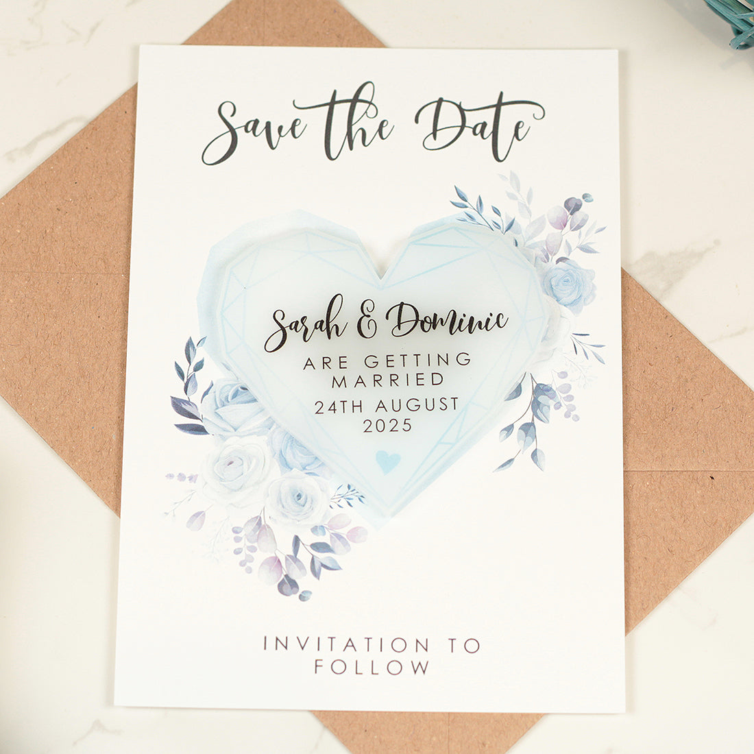 Geometric Heart Watercolour Blue Flowers Wedding Save The Date Magnet-Weddings by Lumi