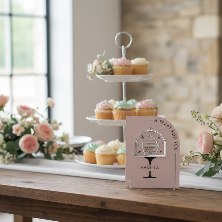 Modern Arch Wedding Cupcake Flavours Acrylic Sign