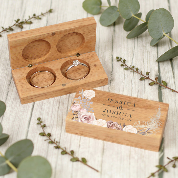 Blush Flowers Wedding Oak Double Ring Box