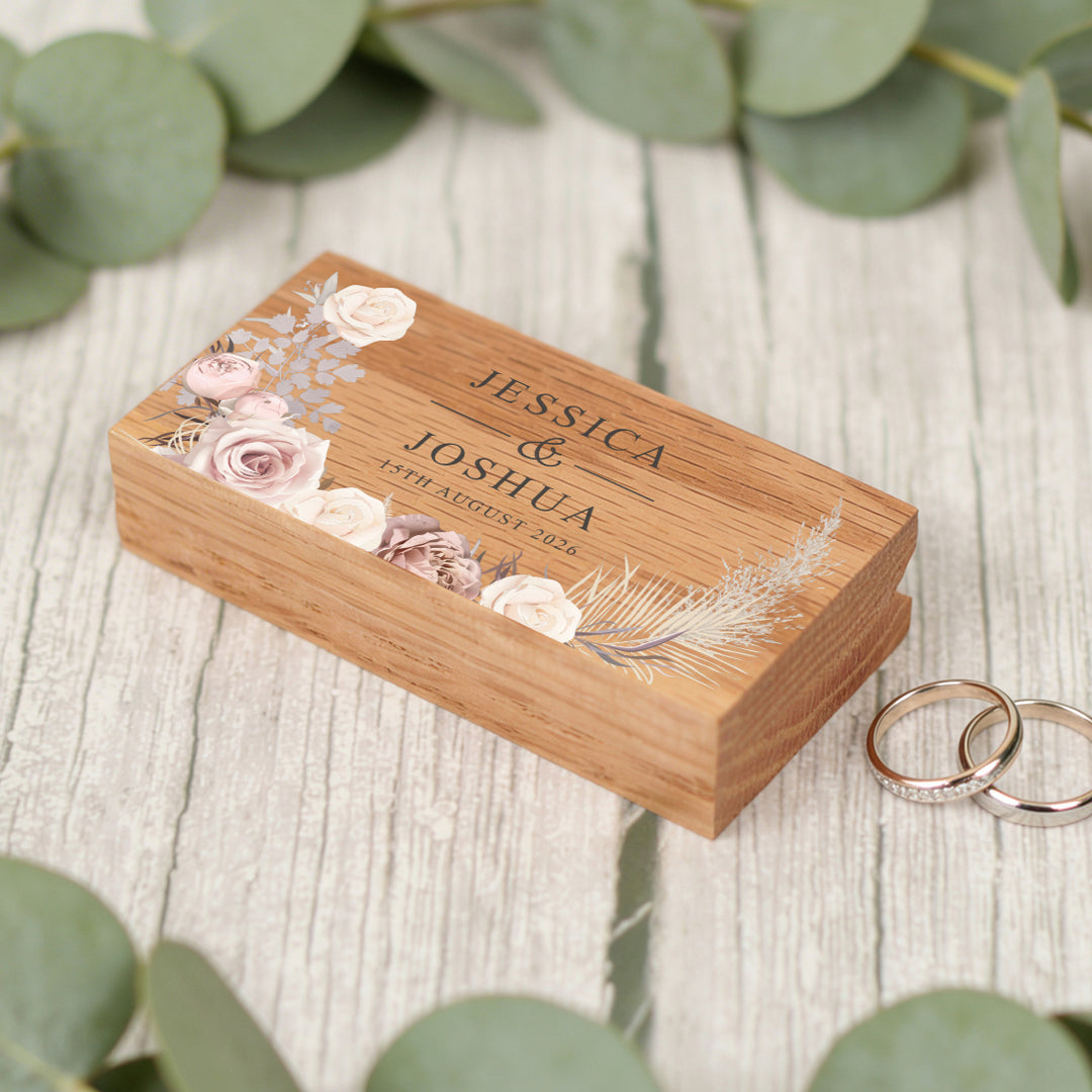 Blush Flowers Wedding Oak Double Ring Box