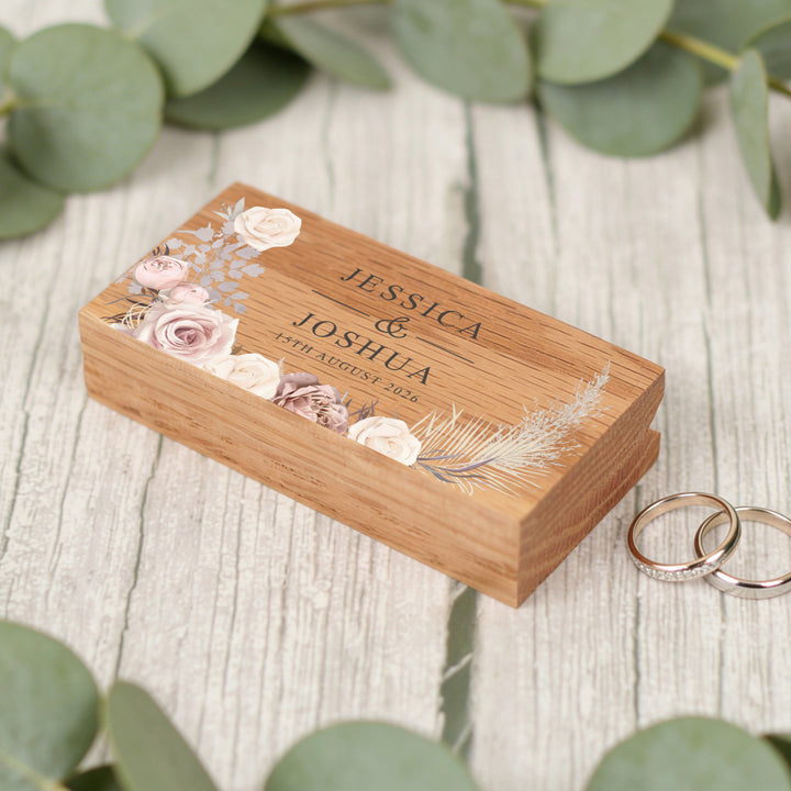 Blush Flowers Wedding Oak Double Ring Box