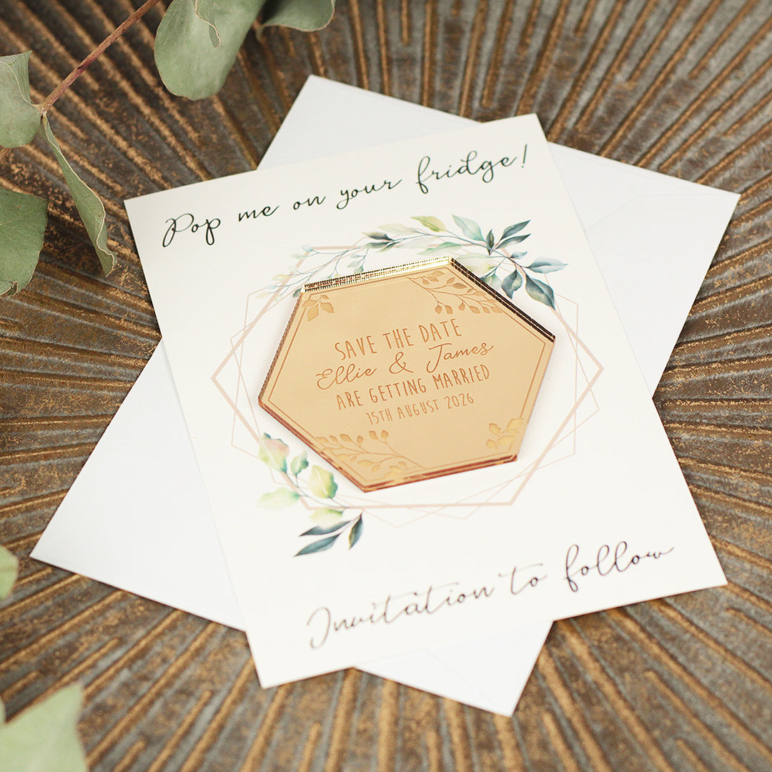 Botanical Hexagon Engraved Wooden Wedding Save The Date Magnet-Weddings by Lumi