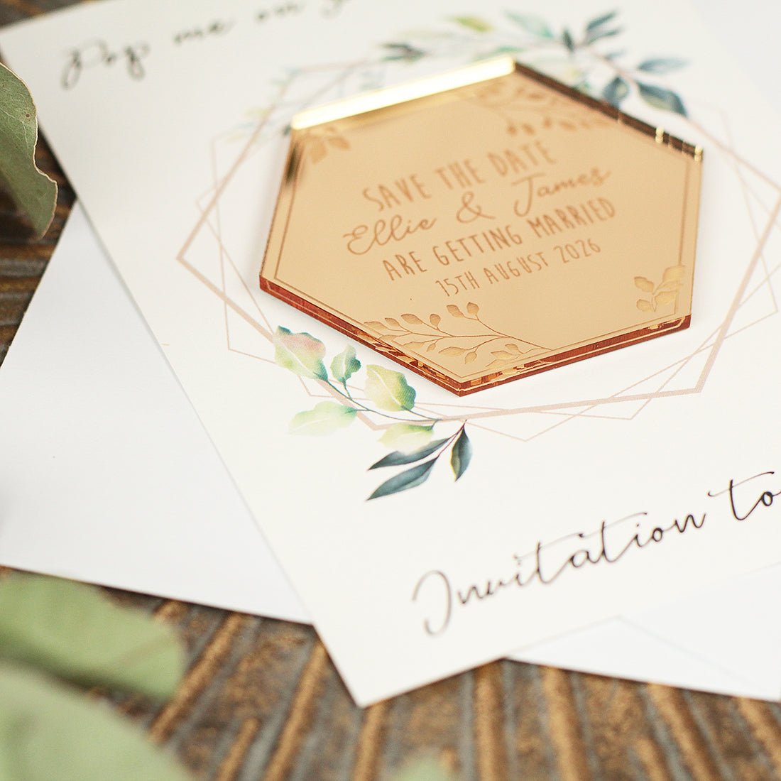 Botanical Hexagon Engraved Wooden Wedding Save The Date Magnet