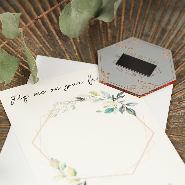 Botanical Hexagon Engraved Wooden Wedding Save The Date Magnet-Weddings by Lumi