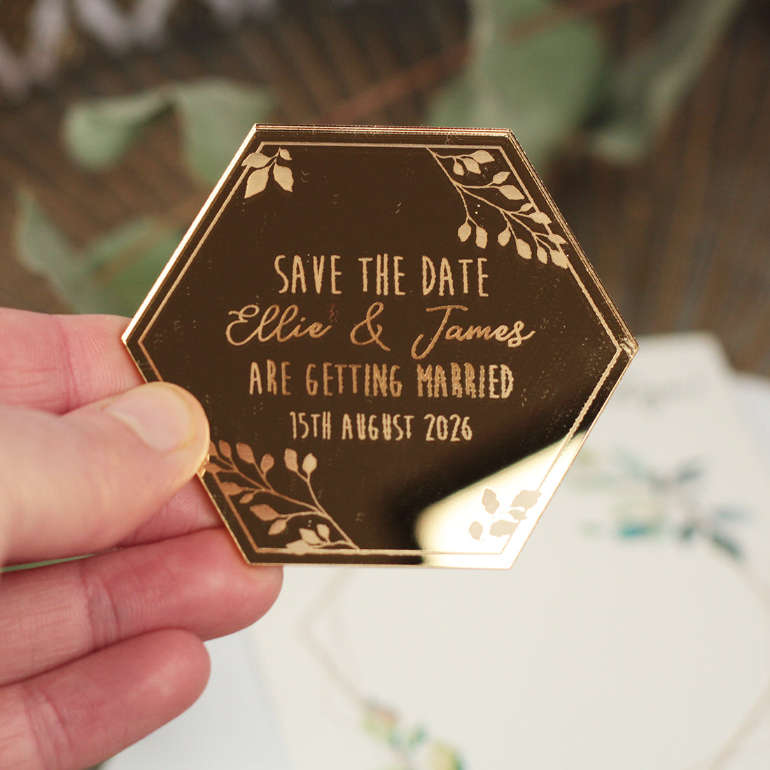 Botanical Hexagon Engraved Wooden Wedding Save The Date Magnet