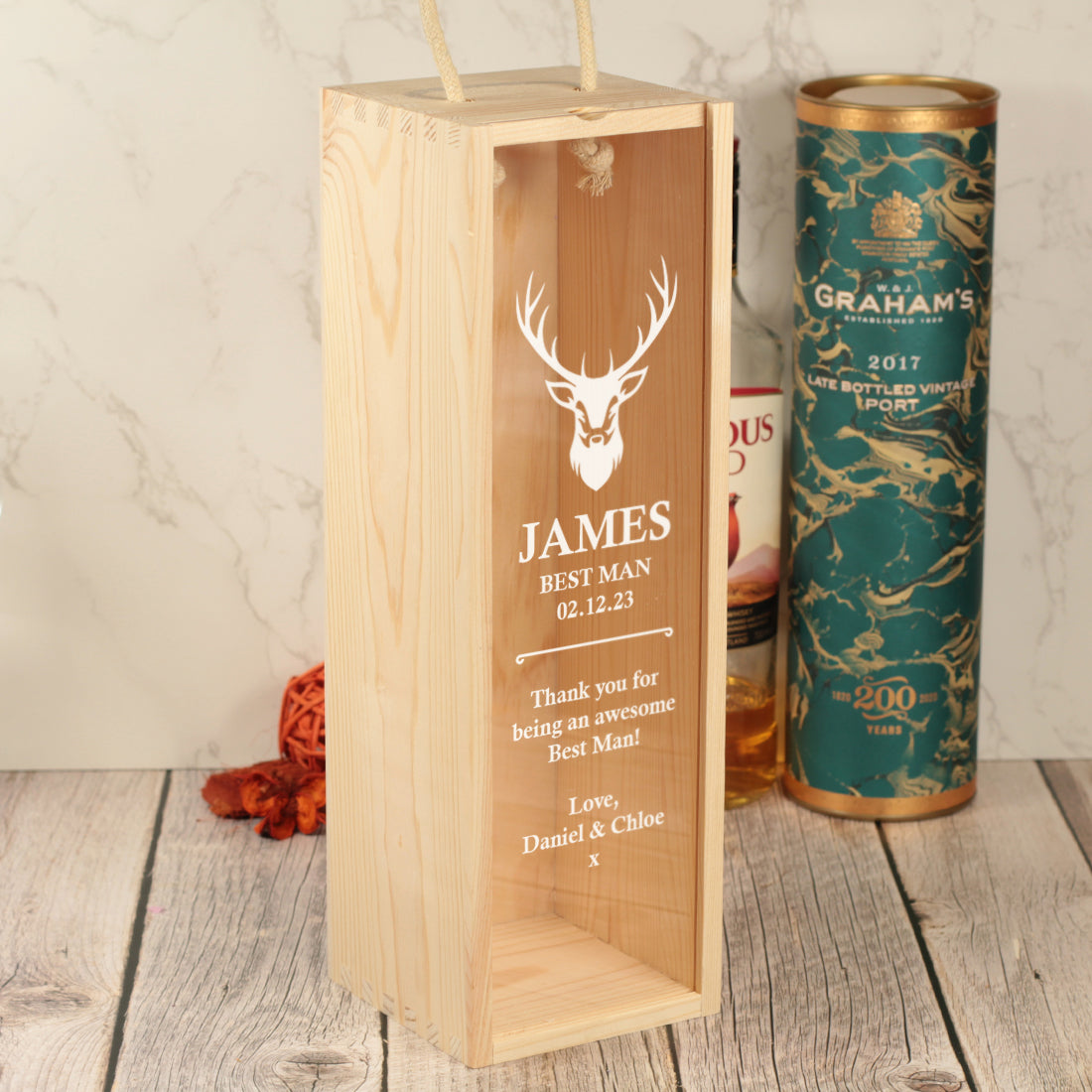Wedding Stag Thank You Bottle Box with clear lid