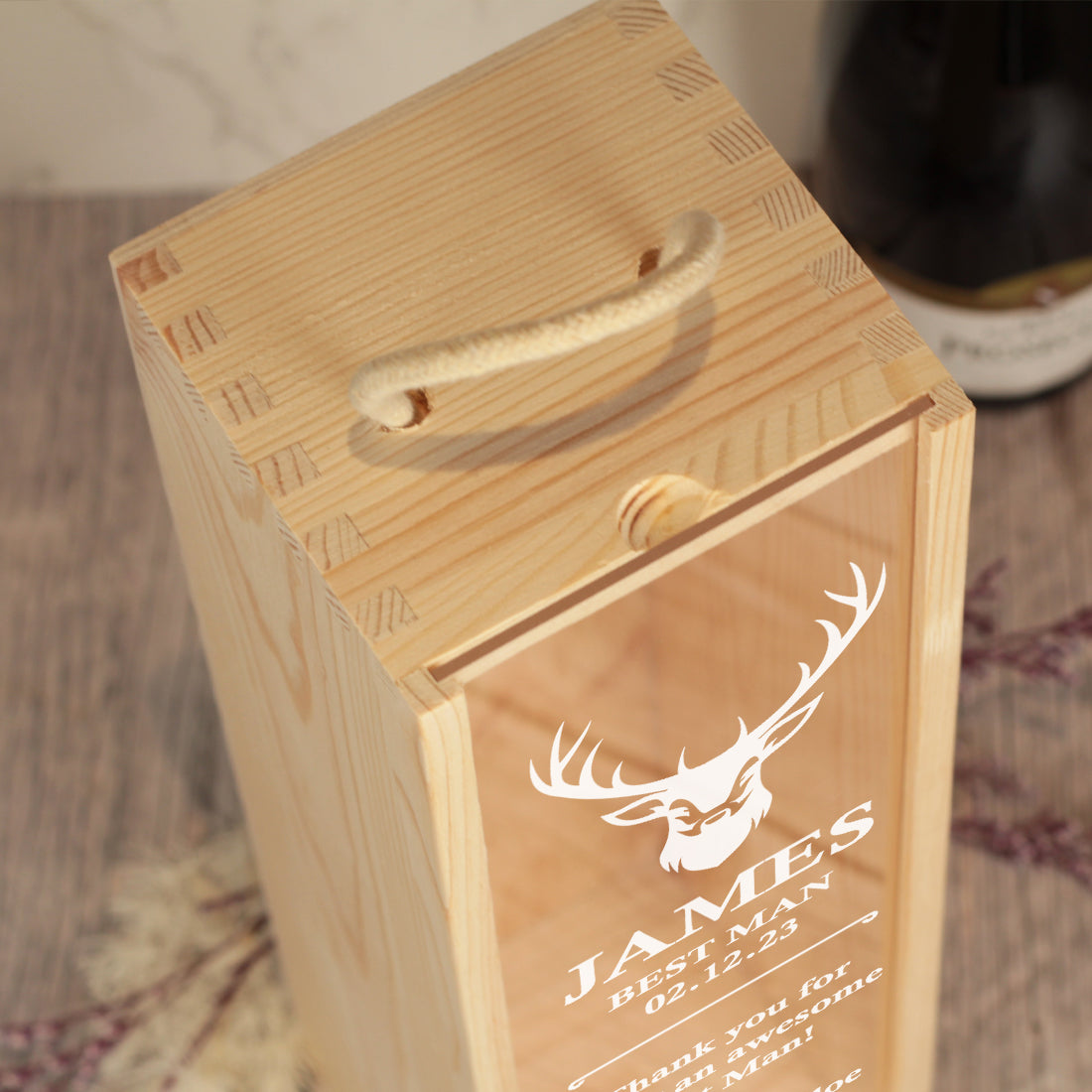 Stag Wedding Party Thank You Bottle Box with clear lid and matching Tumbler Glass Gift Set
