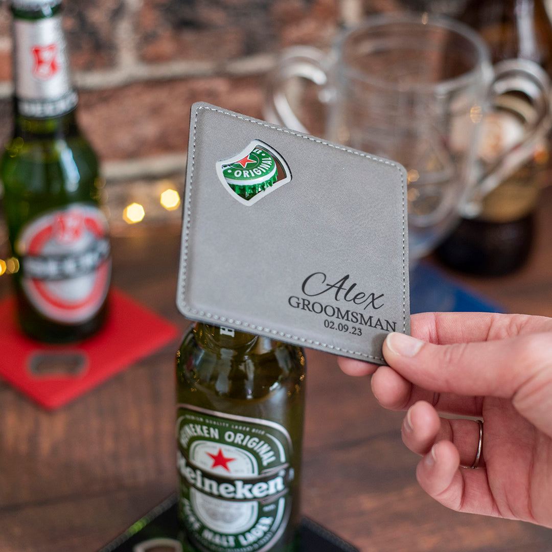 Groomsman Wedding Role PU Leather Coaster with Bottle Opener-Weddings by Lumi