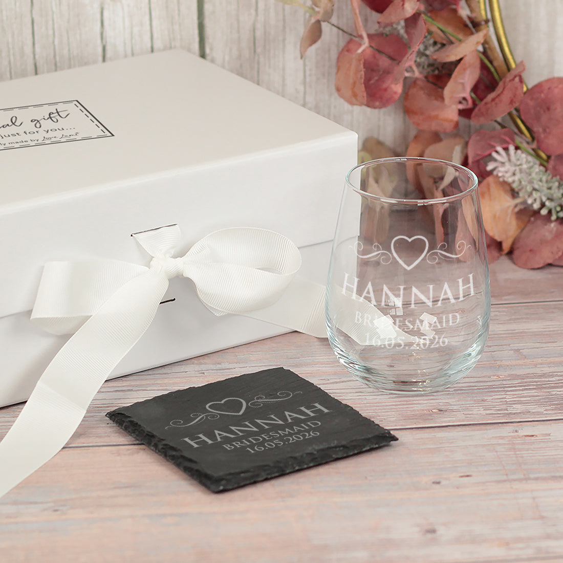 Love Heart Bridal Party Stemless Glass and Gift Boxed Set