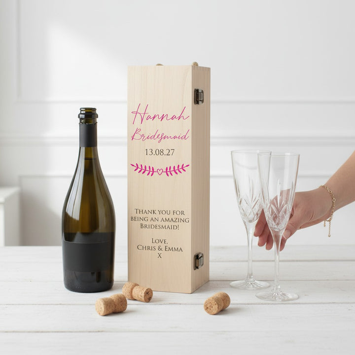 Wedding Party Thank You Hinged Wooden Champagne Prosecco Bottle Gift Box