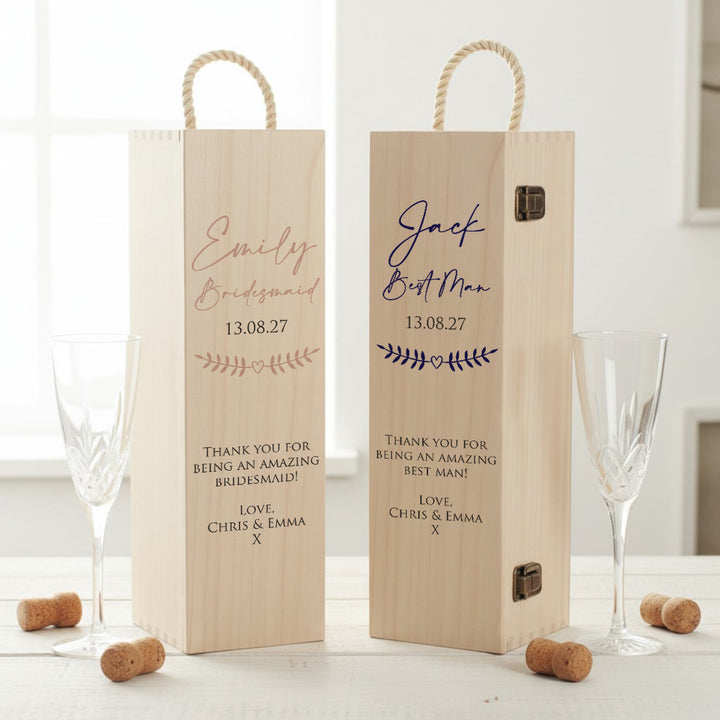 Wedding Party Thank You Hinged Wooden Champagne Prosecco Bottle Gift Box