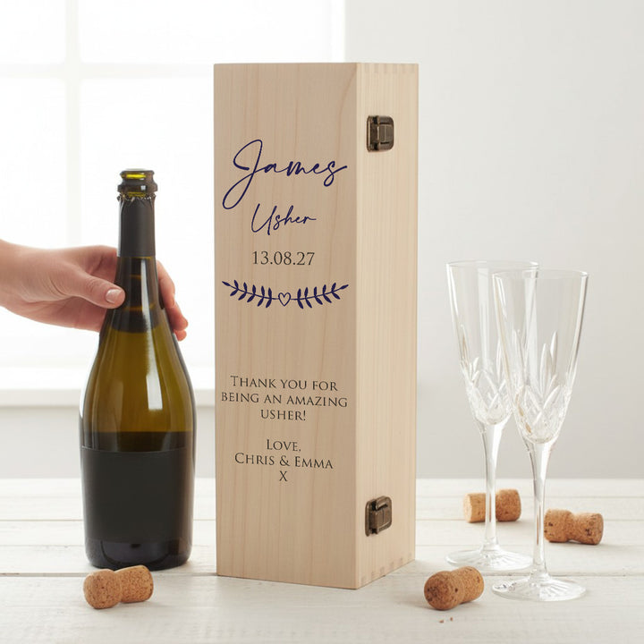 Wedding Party Thank You Hinged Wooden Champagne Prosecco Bottle Gift Box