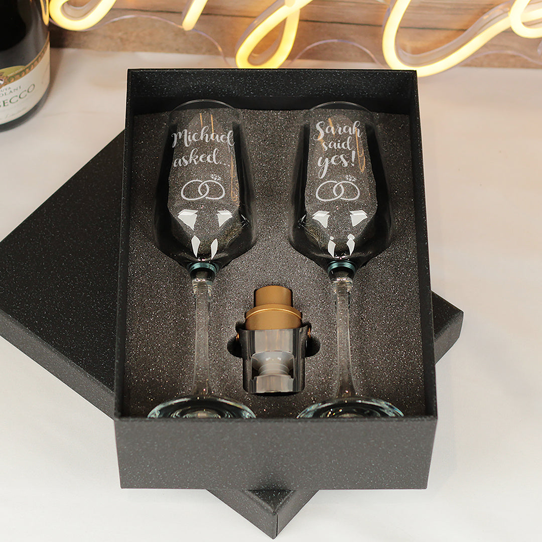 Personalised Pair of Engagement Proposal Glass Champagne Flutes-Weddings by Lumi