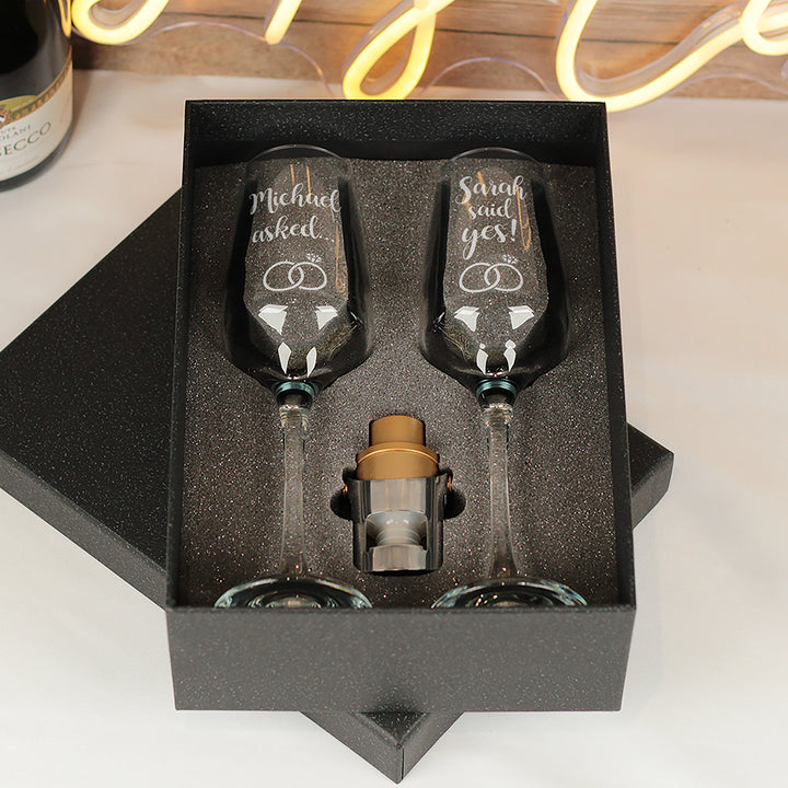 Personalised Pair of Engagement Proposal Glass Champagne Flutes-Weddings by Lumi