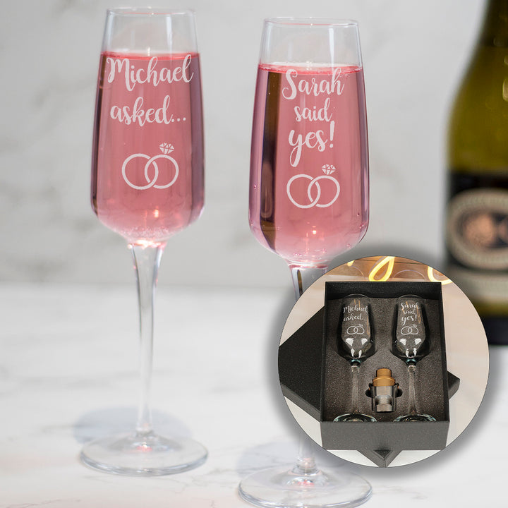 Personalised Pair of Engagement Proposal Glass Champagne Flutes-Weddings by Lumi
