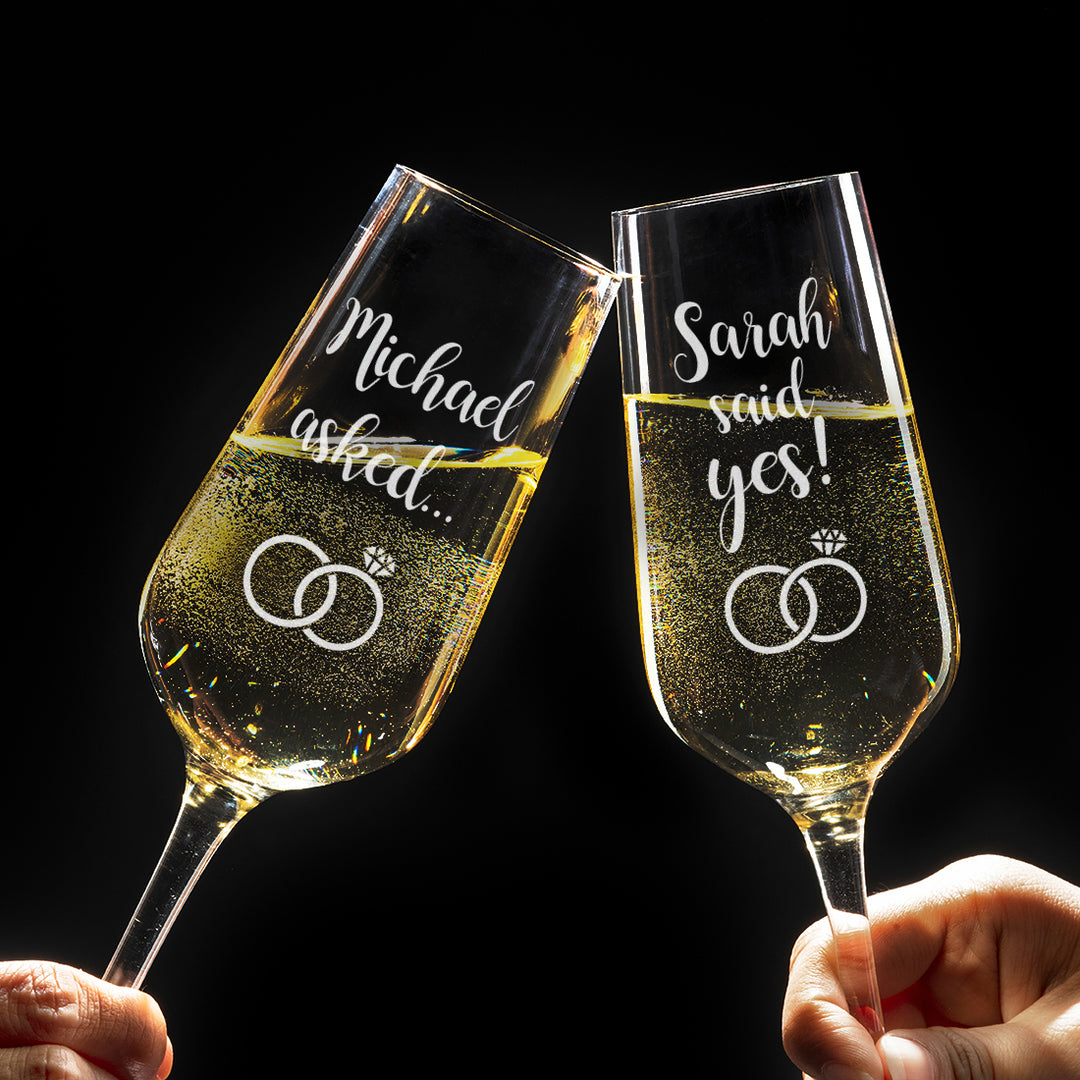 Personalised Pair of Engagement Proposal Glass Champagne Flutes-Weddings by Lumi