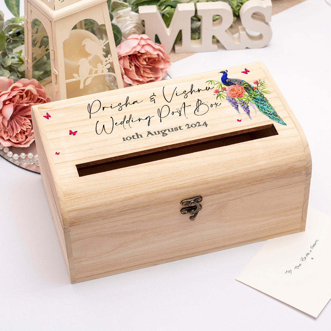 Indian Peacock Wedding Card Wooden Post Chest-Weddings by Lumi