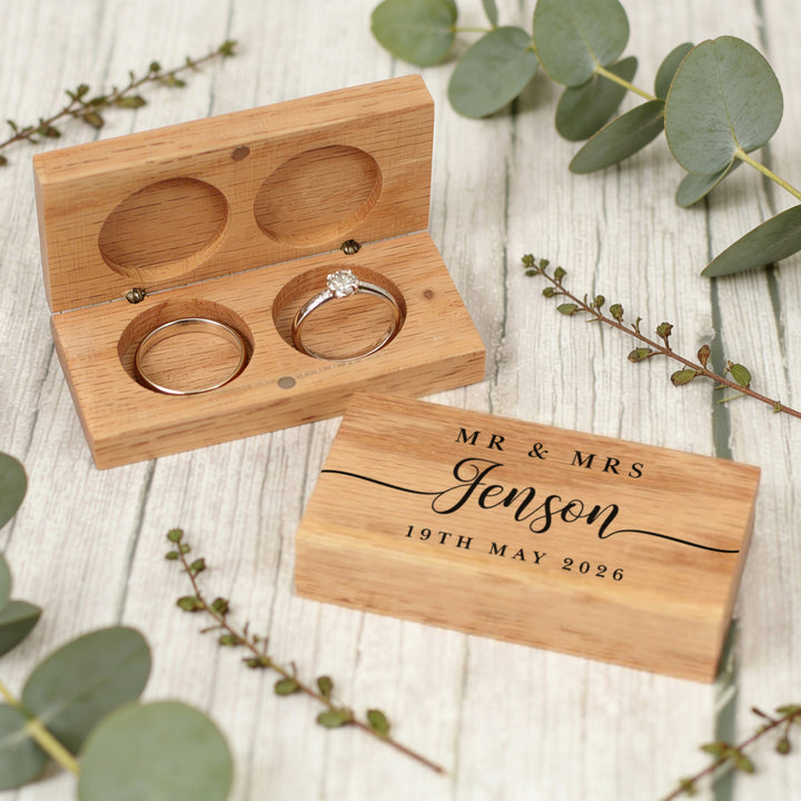 Classic Script Wedding Oak Double Ring Box