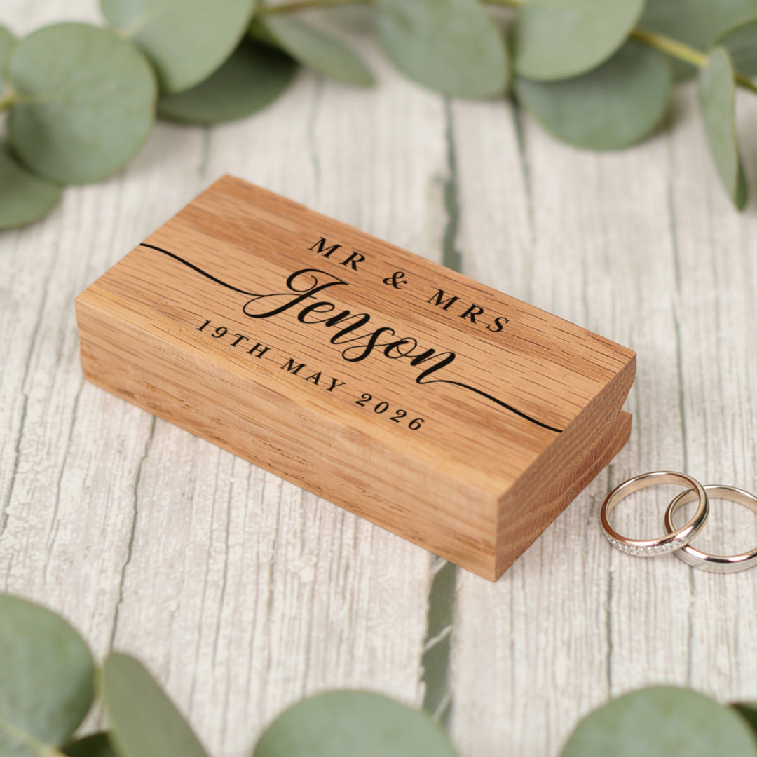 Classic Script Wedding Oak Double Ring Box
