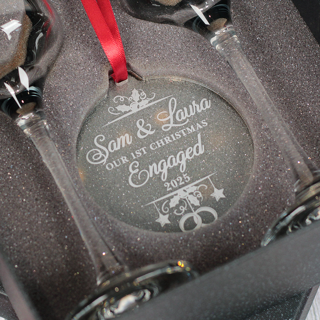 1st Christmas Engaged Pair of Champagne Flutes and Keepsake Bauble