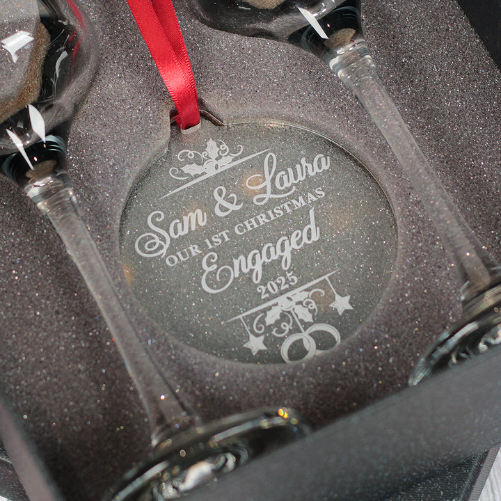 1st Christmas Engaged Pair of Champagne Flutes and Keepsake Bauble