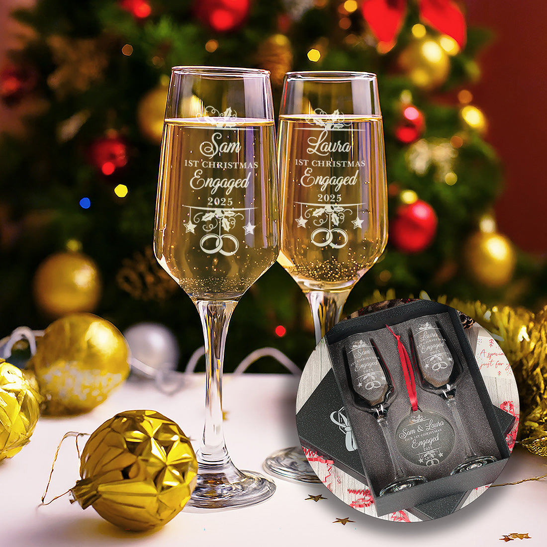 1st Christmas Engaged Pair of Champagne Flutes and Keepsake Bauble