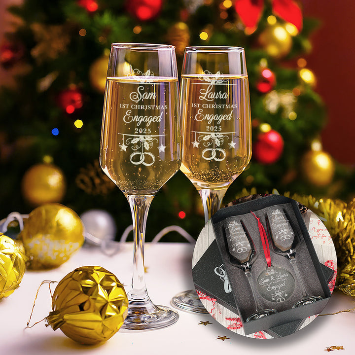 1st Christmas Engaged Pair of Champagne Flutes and Keepsake Bauble
