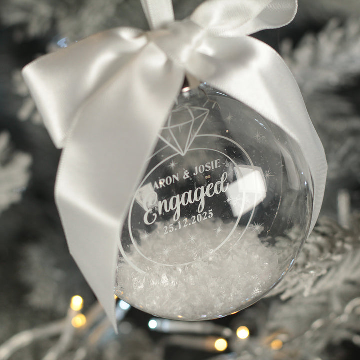 Round Glass Engagement Christmas Snow Filled Bauble