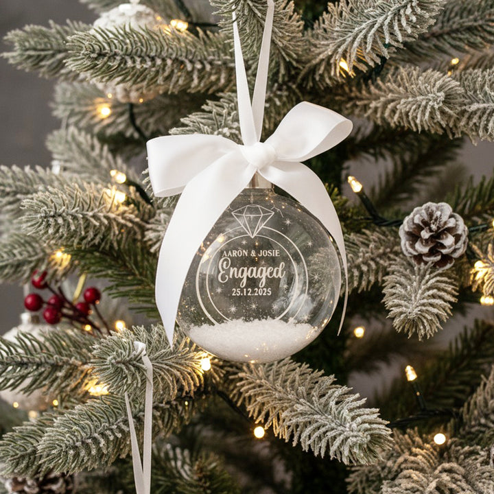 Round Glass Engagement Christmas Snow Filled Bauble