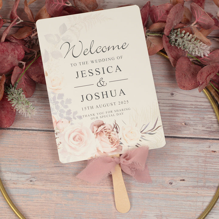 Blush Flowers Order of the Day Programme Hand Held Fan