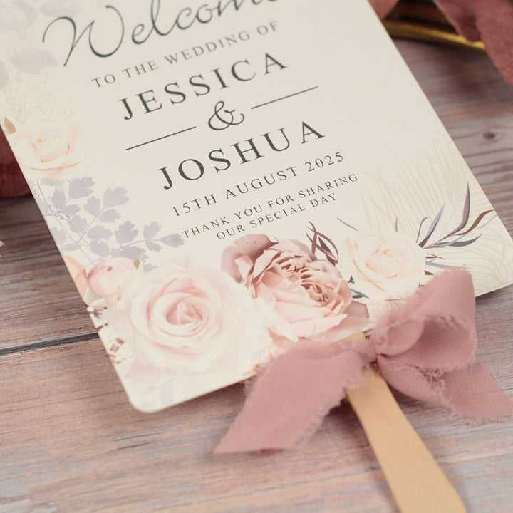 Blush Flowers Order of the Day Programme Hand Held Fan