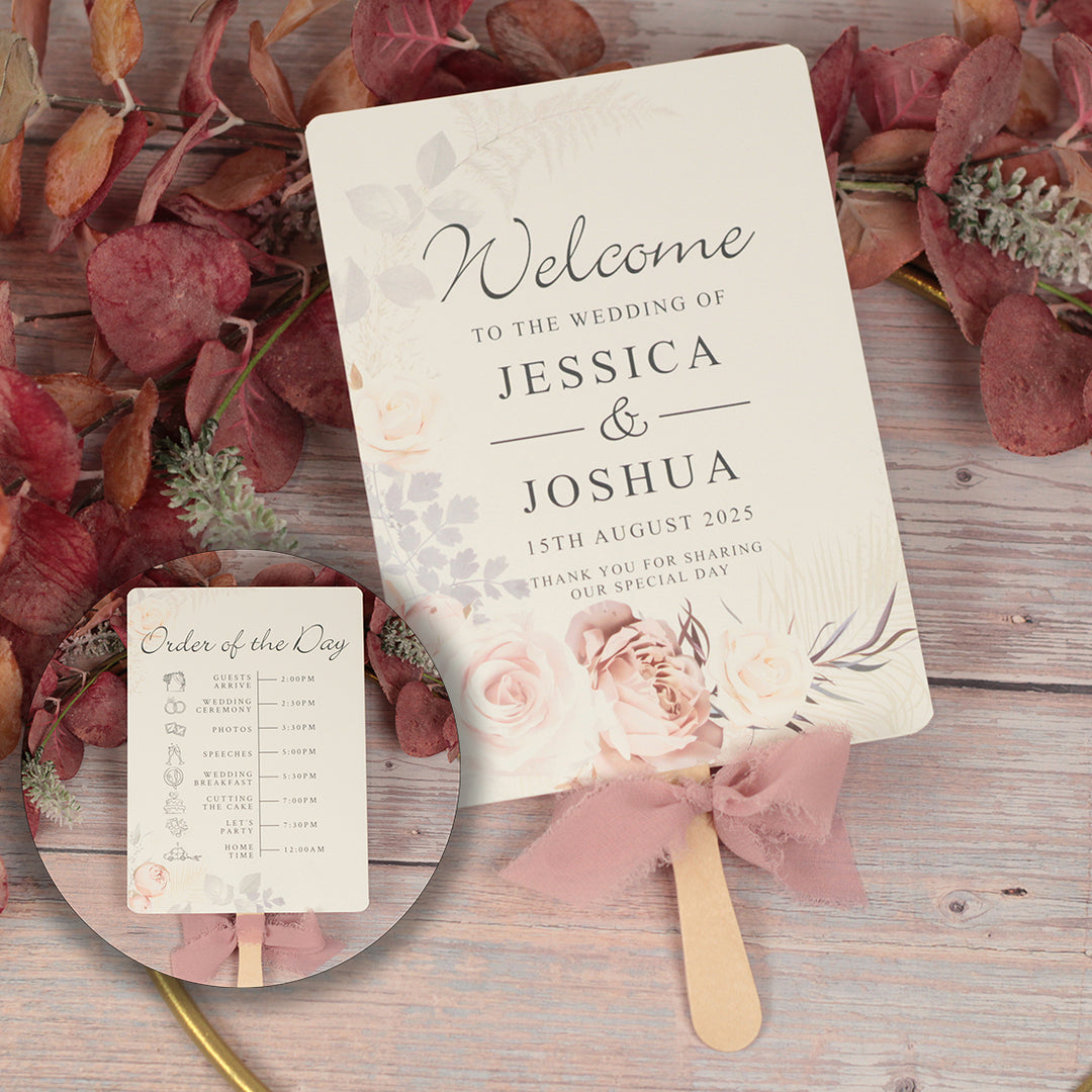 Blush Flowers Order of the Day Programme Hand Held Fan