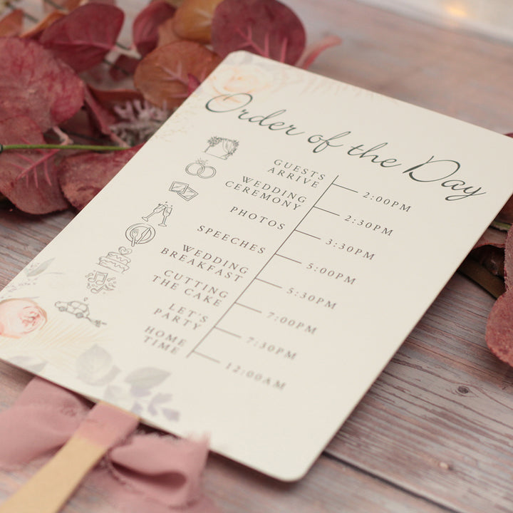Blush Flowers Order of the Day Programme Hand Held Fan