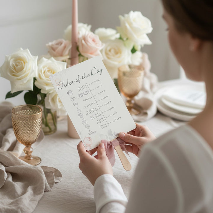 Blush Flowers Order of the Day Programme Hand Held Fan