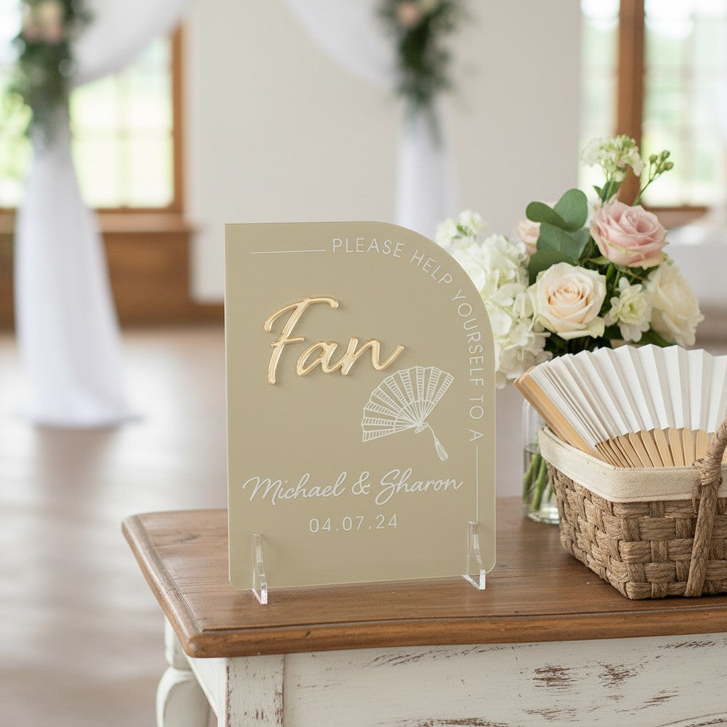 Sample Fansign Modern Arch Wedding Fan Acrylic Sign – Weddings by Lumi