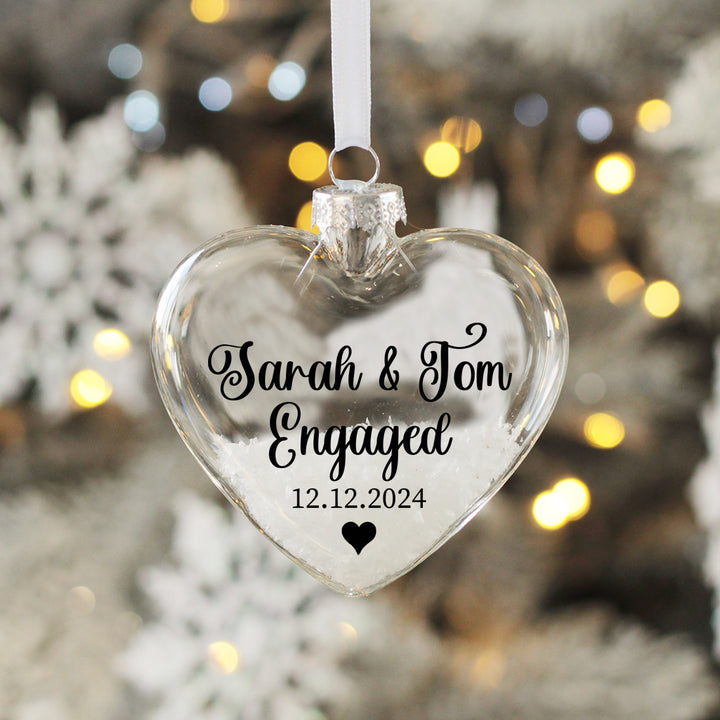 Heart Engagement Christmas Snow filled Glass Bauble-Weddings by Lumi