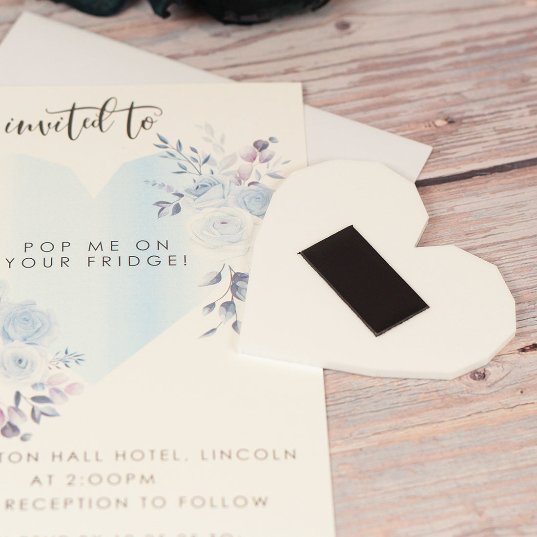 Geometric Heart Watercolour Blue Flowers Wedding Invitation Acrylic Magnet