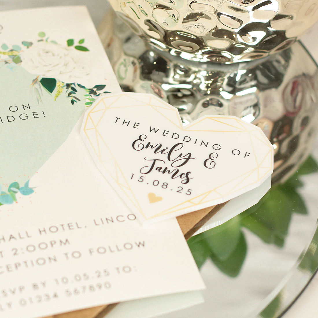 Geometric Heart Watercolour Green Flowers Wedding Invitation Acrylic Magnet