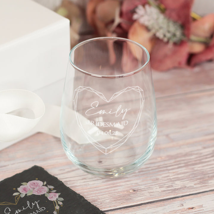 Geometric Heart Bridal Party Thank You Stemless Glass Gift Boxed Set