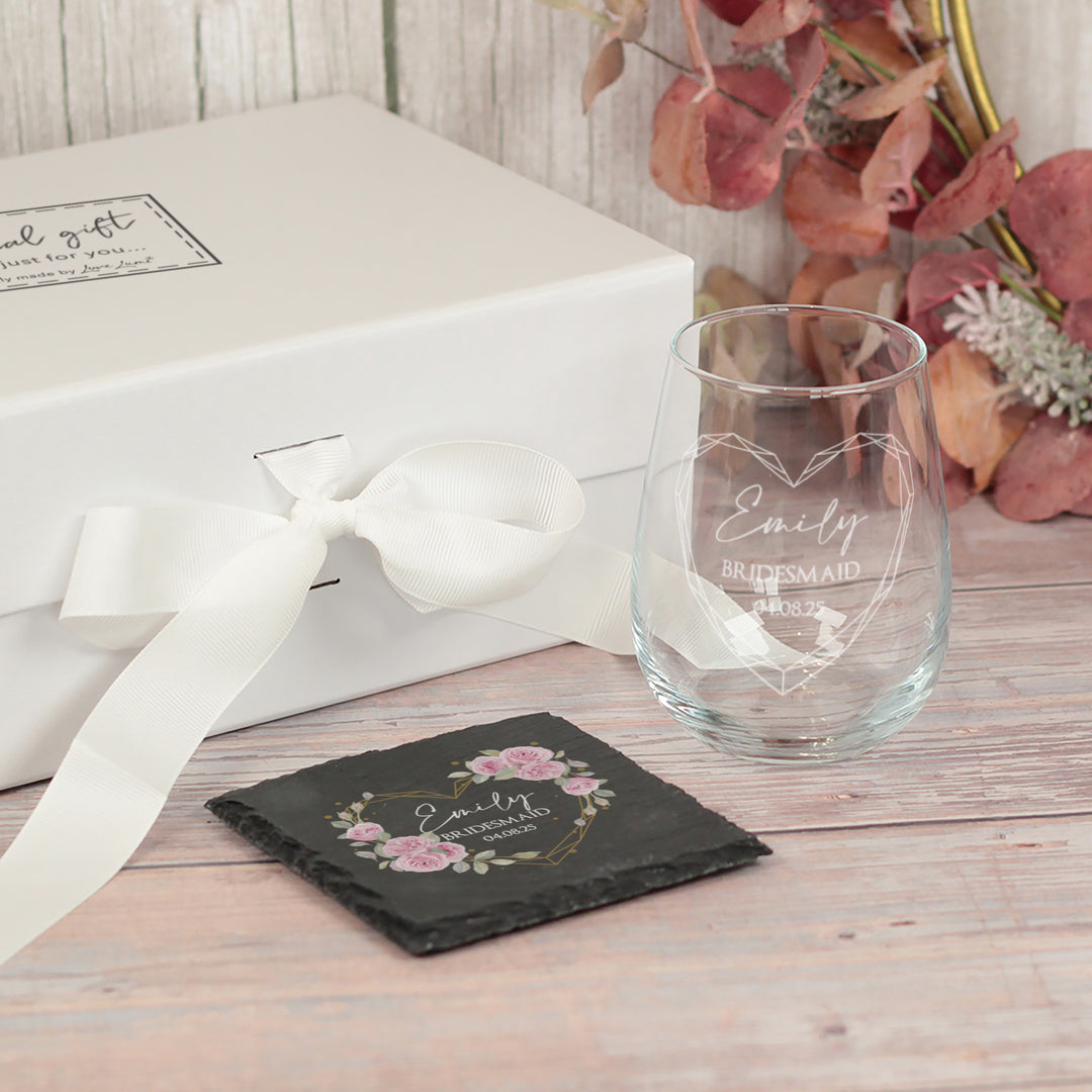 Geometric Heart Bridal Party Thank You Stemless Glass Gift Boxed Set