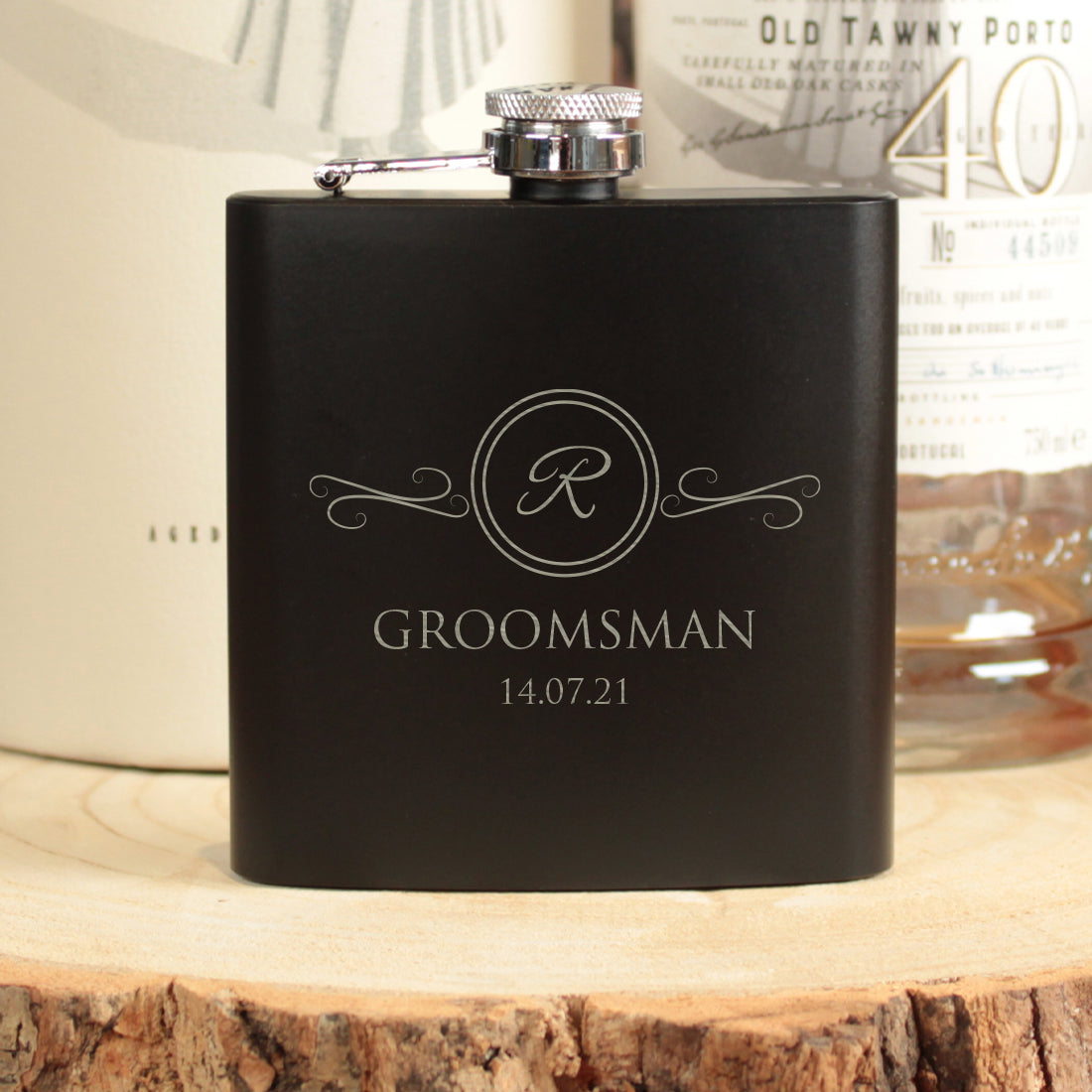 Initial Ornate Frame Groomsmen Hip Flask