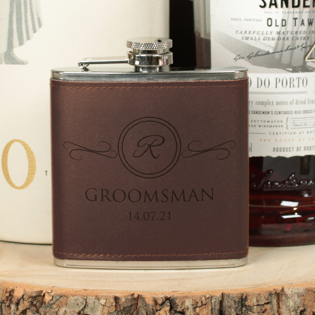 Initial Ornate Frame Groomsmen Hip Flask